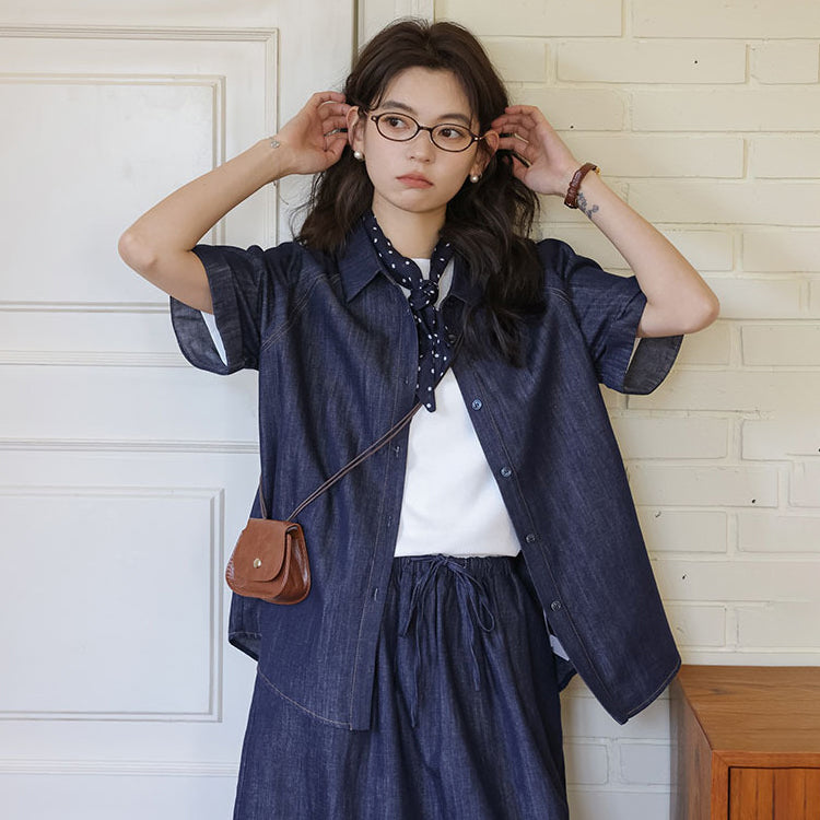 セットアップ レディース デニムシャツ 半袖 トップス デニムスカート 上下セット 夏 秋