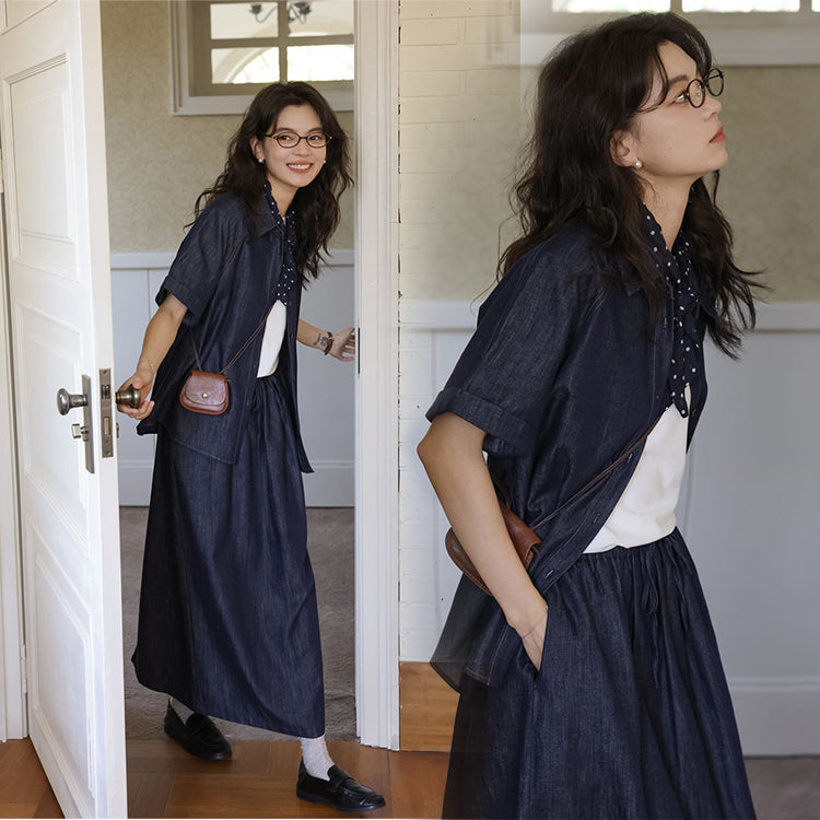 セットアップ レディース デニムシャツ 半袖 トップス デニムスカート 上下セット 夏 秋