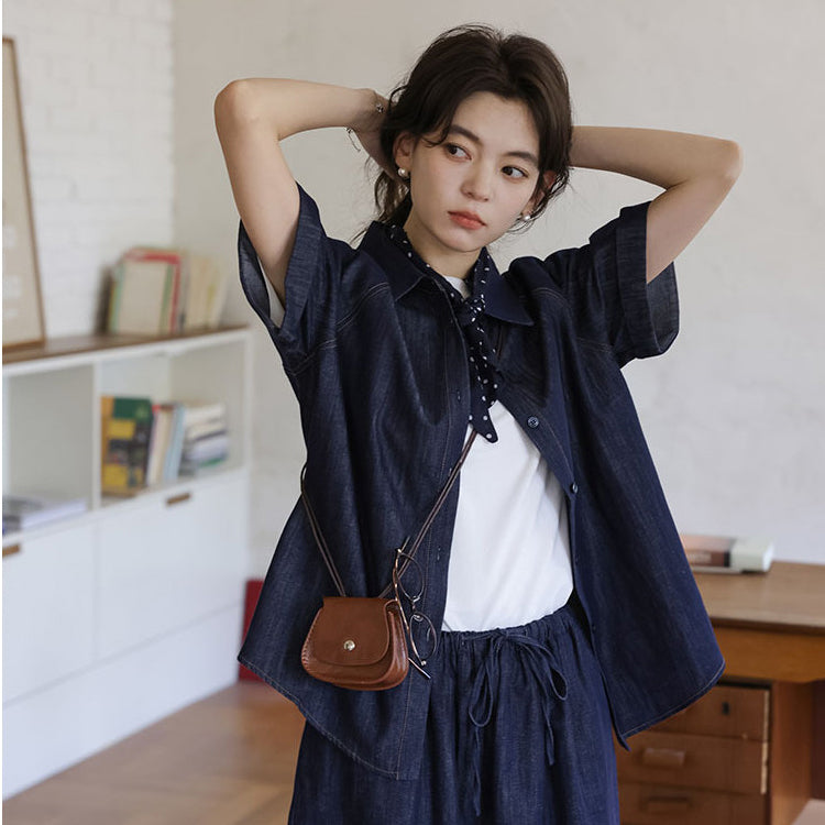 セットアップ レディース デニムシャツ 半袖 トップス デニムスカート 上下セット 夏 秋