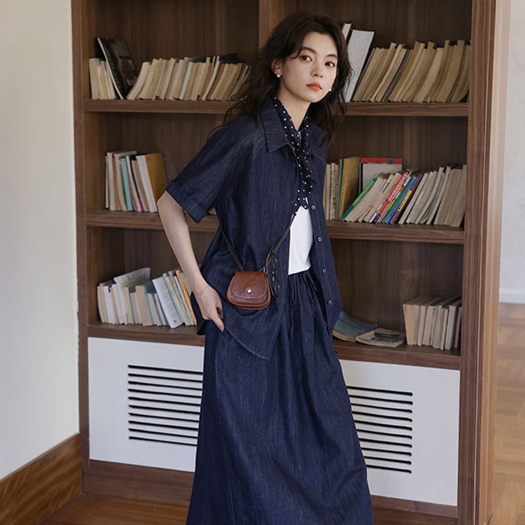 セットアップ レディース デニムシャツ 半袖 トップス デニムスカート 上下セット 夏 秋