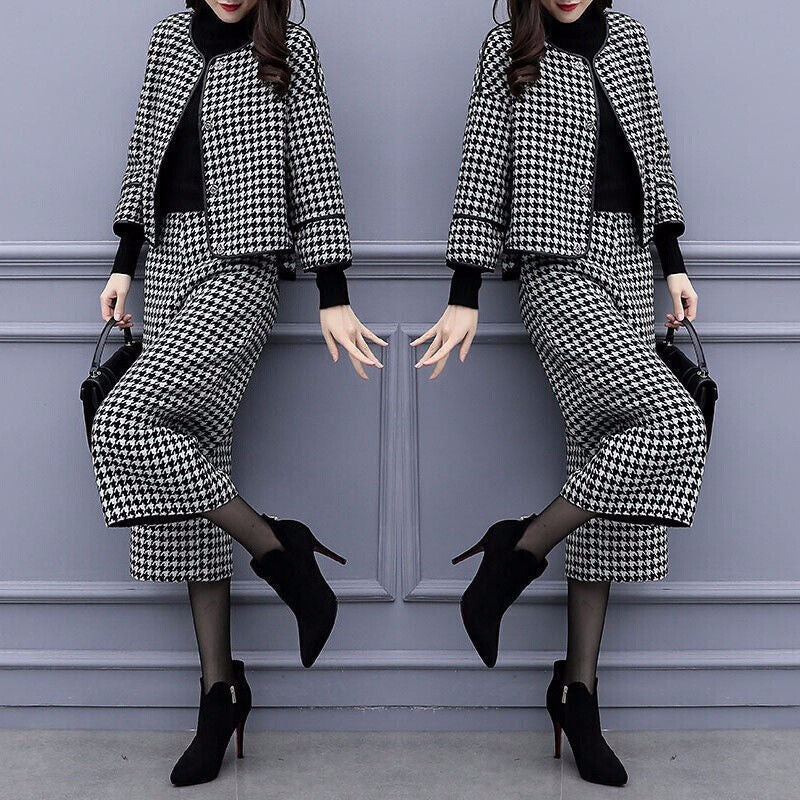 千鳥格子スーツ レディース セットアップ ウールタッチ 事務服 高品質 長袖