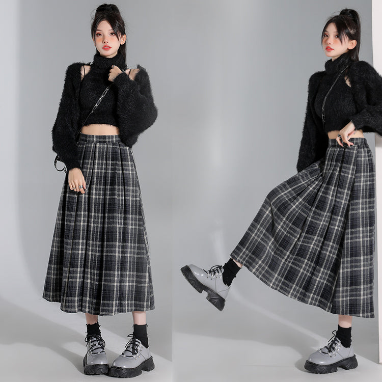 チェック柄 スカート 羅紗 プリーツスカート 秋冬 Aライン ロングスカート ハイウエスト ウエストゴム