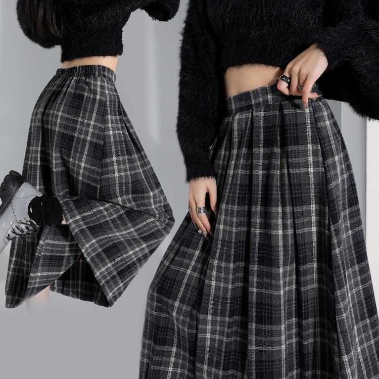 チェック柄 スカート 羅紗 プリーツスカート 秋冬 Aライン ロングスカート ハイウエスト ウエストゴム