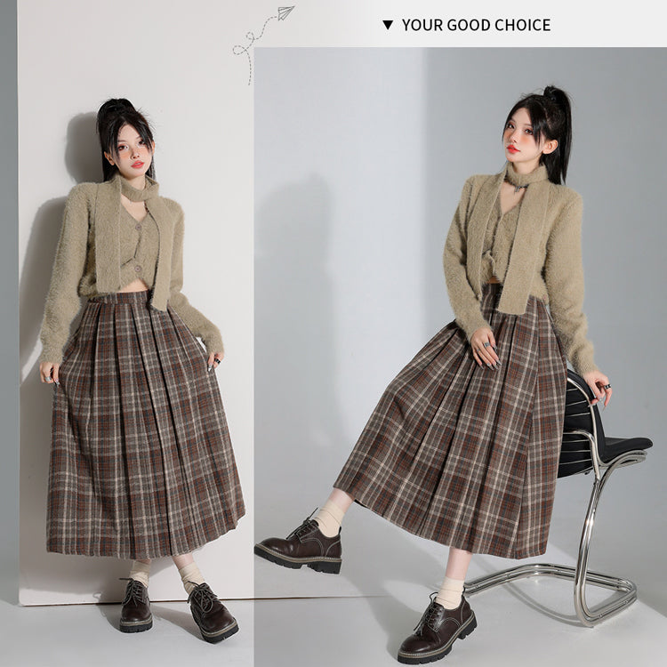 チェック柄 スカート 羅紗 プリーツスカート 秋冬 Aライン ロングスカート ハイウエスト ウエストゴム