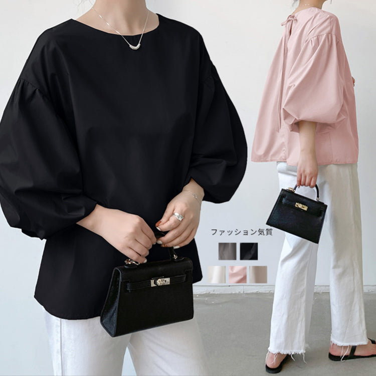 ブラウス   レディースシャツ  ランタンスリーブシャツ  クルーネックシャツ