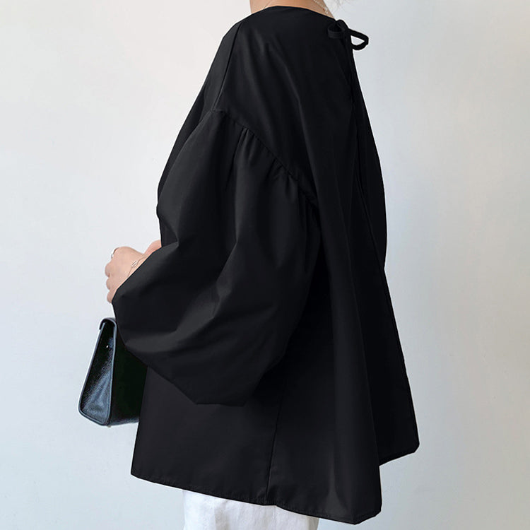 ブラウス   レディースシャツ  ランタンスリーブシャツ  クルーネックシャツ