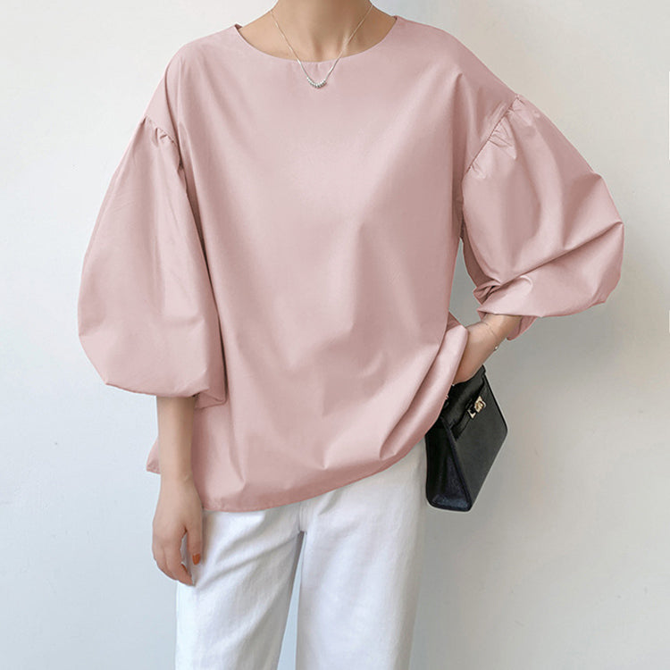 ブラウス   レディースシャツ  ランタンスリーブシャツ  クルーネックシャツ