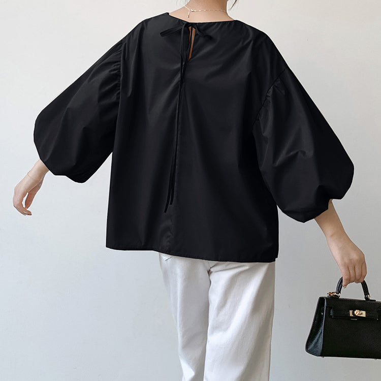 ブラウス   レディースシャツ  ランタンスリーブシャツ  クルーネックシャツ