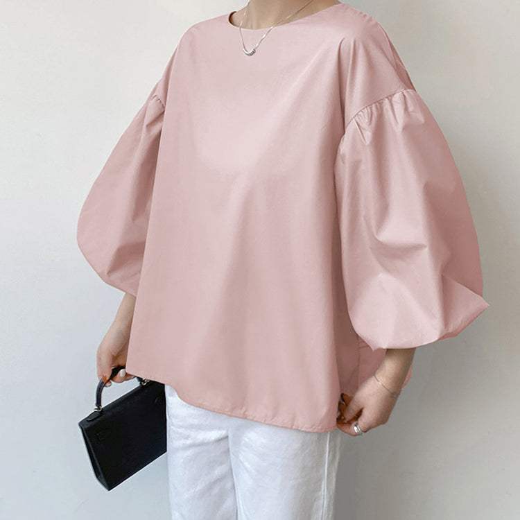 ブラウス   レディースシャツ  ランタンスリーブシャツ  クルーネックシャツ