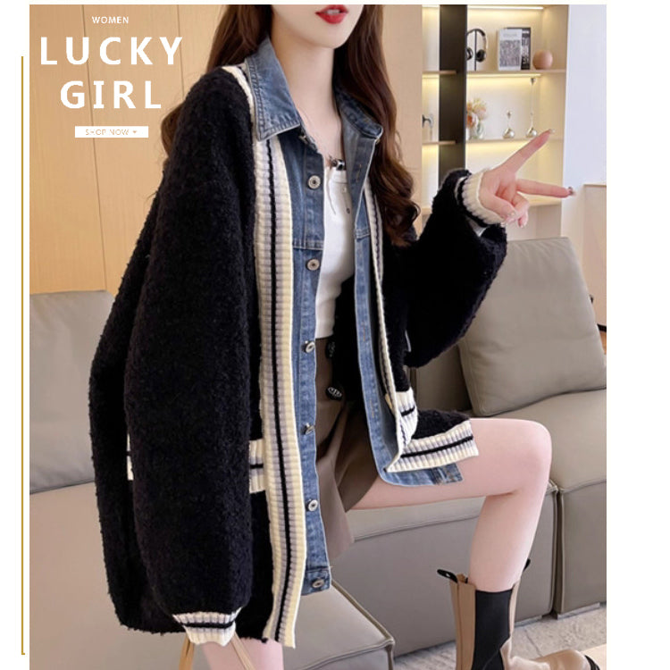 デニム切り替えニットジャケット ニットカーディガン ニットジャケット デニムジャケット