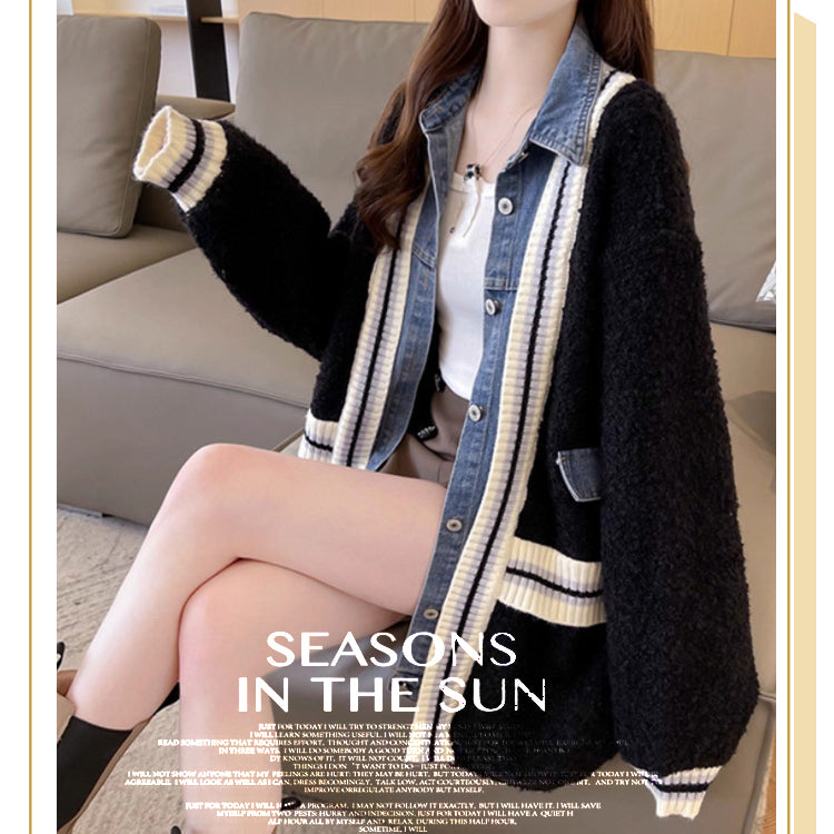 デニム切り替えニットジャケット ニットカーディガン ニットジャケット デニムジャケット