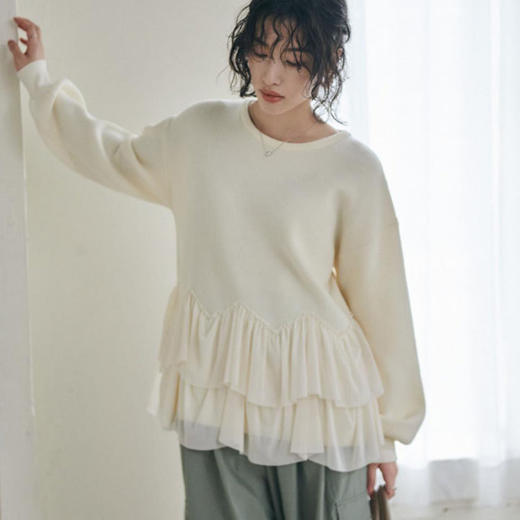 セーター トップス ペプラム 長袖 フリル ぽわん袖 ペプラムプルオーバー