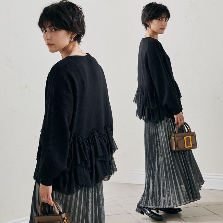 セーター トップス ペプラム 長袖 フリル ぽわん袖 ペプラムプルオーバー