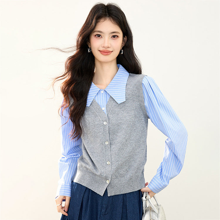 ニット レイヤード風 シャツ レディース 長袖 トップス 韓国風 通勤 オフィス ストライプ