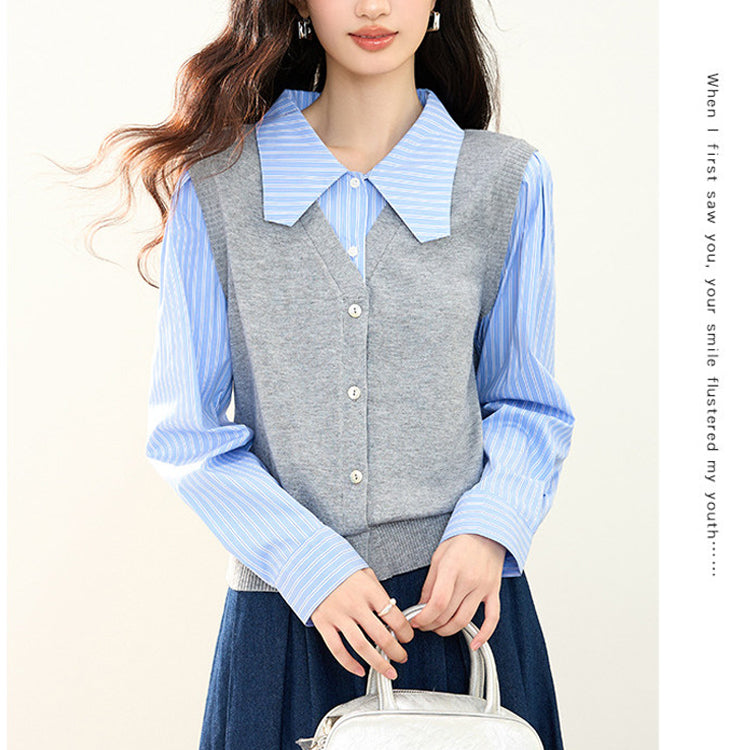 ニット レイヤード風 シャツ レディース 長袖 トップス 韓国風 通勤 オフィス ストライプ