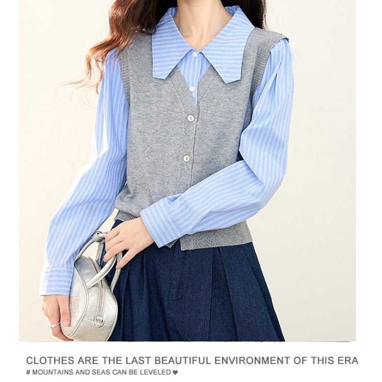 ニット レイヤード風 シャツ レディース 長袖 トップス 韓国風 通勤 オフィス ストライプ