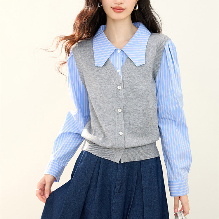 ニット レイヤード風 シャツ レディース 長袖 トップス 韓国風 通勤 オフィス ストライプ
