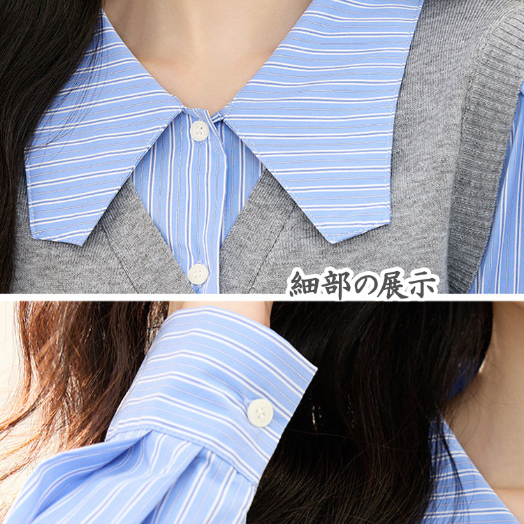 ニット レイヤード風 シャツ レディース 長袖 トップス 韓国風 通勤 オフィス ストライプ