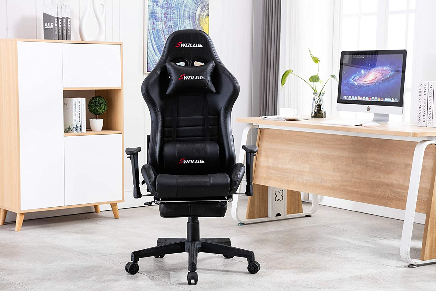 SWOLOL ゲーミングチェア オットマン付き ゲーム用チェア フル装備 多機能 ハイパフォーマンス ウレタン採用 耐重150kg 静音キャスター sw02