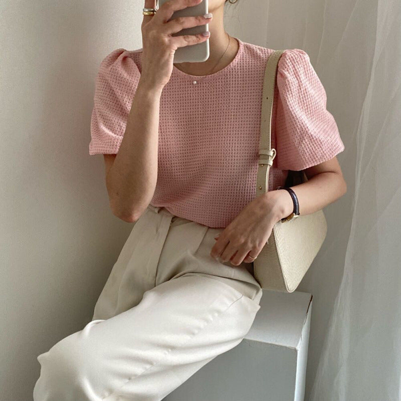 ブラウス レディース トップス Tシャツ カットソー 半袖 シャツ 韓国風 ワッフル素材