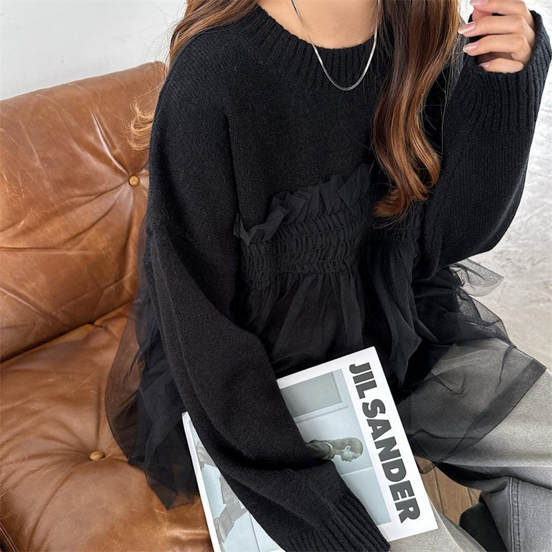 ペプラムプルオーバー ドッキングセーター レース切り替え トップス ペプラム 長袖 フリル