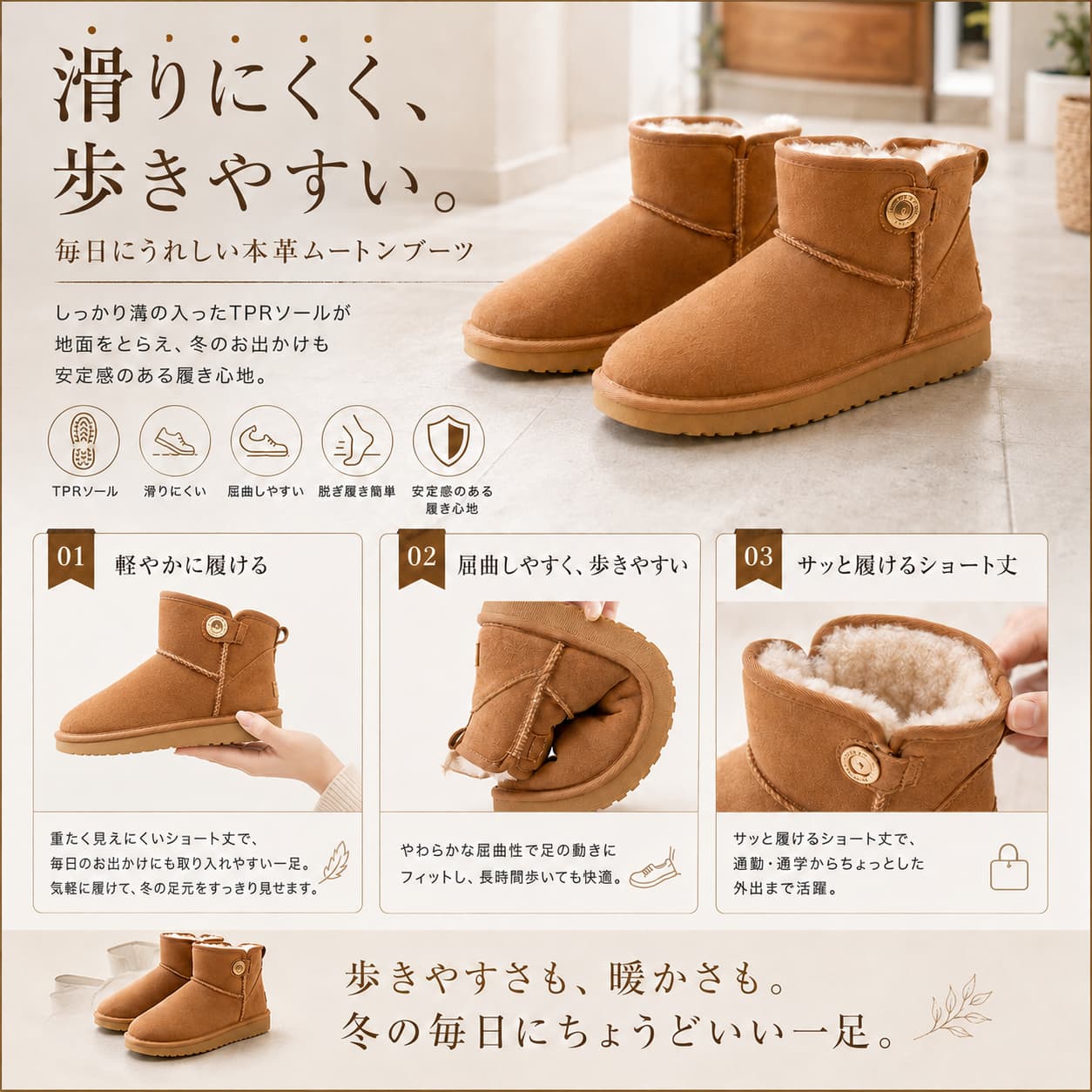 ムートンブーツ レディース 本革 裏ファー ショート丈 防寒 防滑 TPRソール