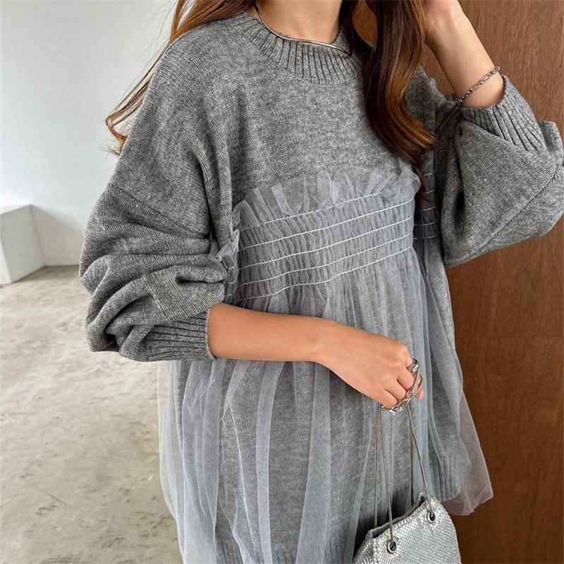 ペプラムプルオーバー ドッキングセーター レース切り替え トップス ペプラム 長袖 フリル