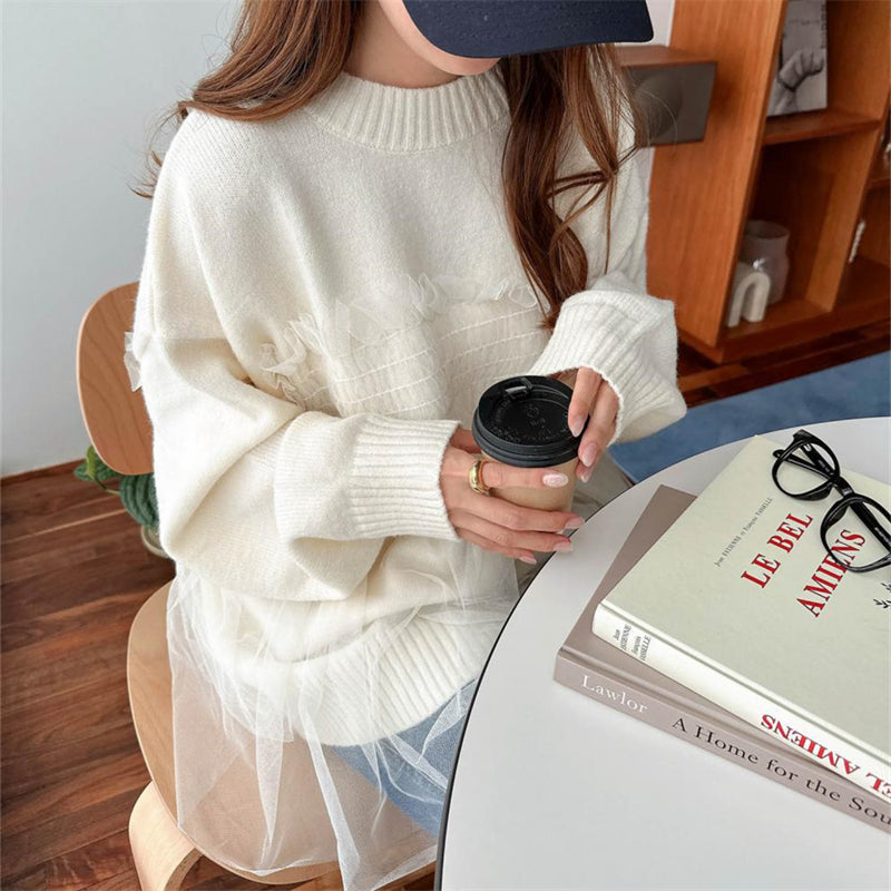 ペプラムプルオーバー ドッキングセーター レース切り替え トップス ペプラム 長袖 フリル