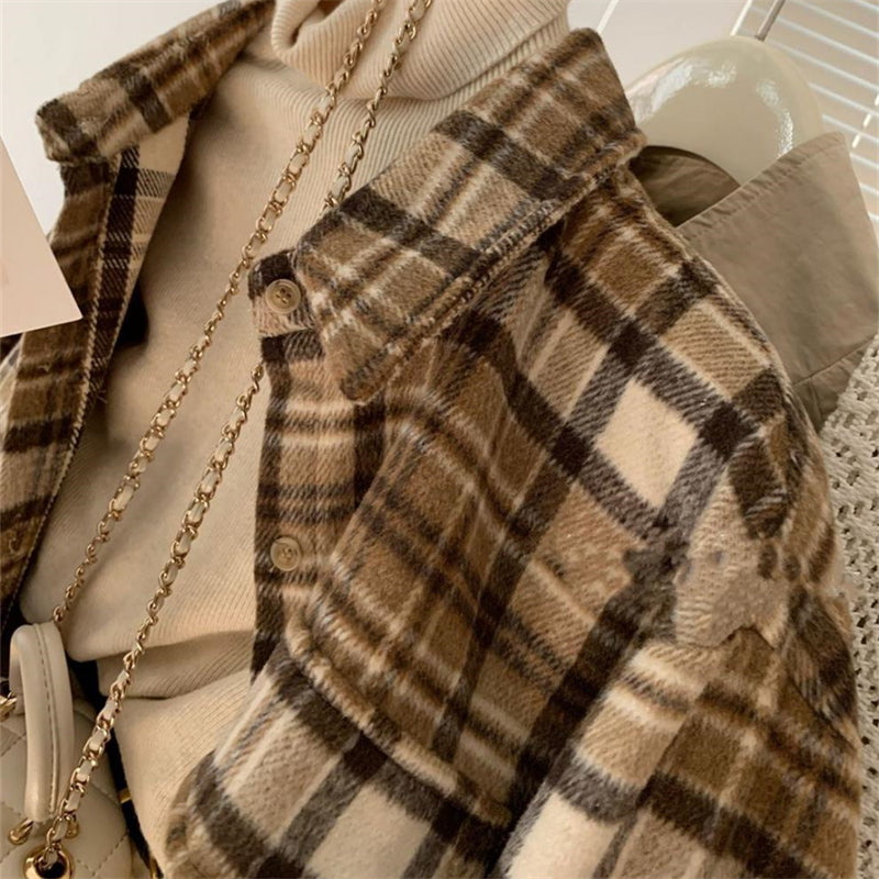 ドロップショルダーチェックシャツコート チェック長袖シャツジャケット トップス ブラウス