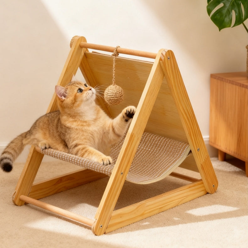 爪とぎ 猫ハウス キャットタワー 2WAY 据え置き 木製 天然木 丈夫 ハンモック 遊び場