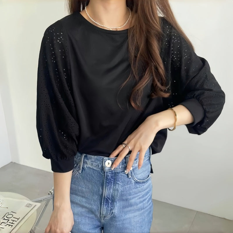 ブラウス トップス Tシャツ レディース 五分袖 レース 切り替え デザイン感 クルーネック