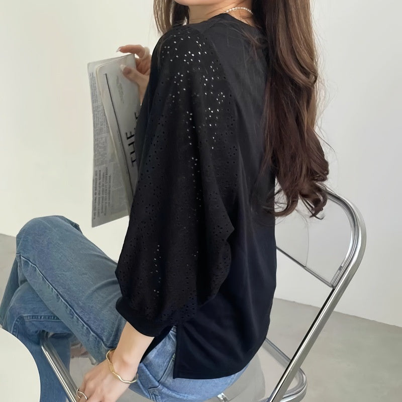 ブラウス トップス Tシャツ レディース 五分袖 レース 切り替え デザイン感 クルーネック