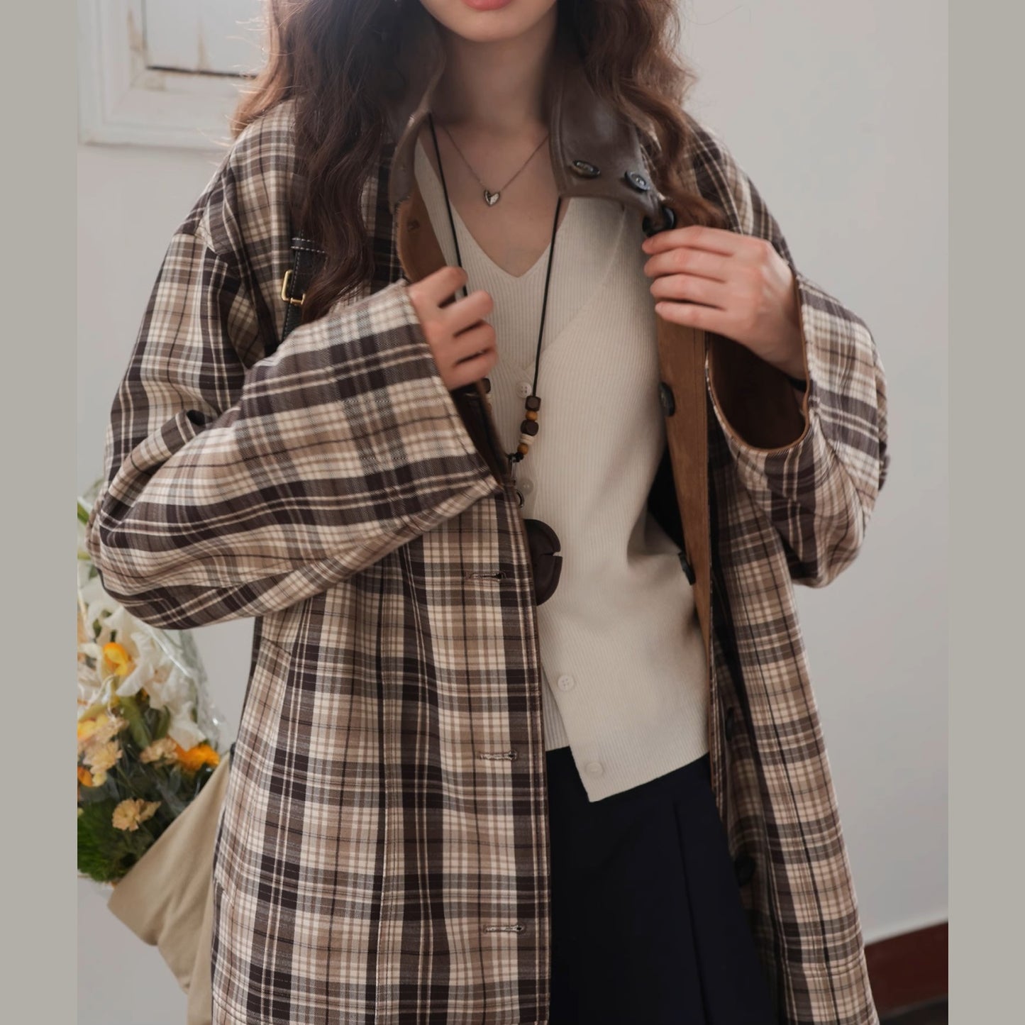 ジャケット 両面着 高級感 コート チェック柄 リバーシブル 立ち襟 皮革風 スエード