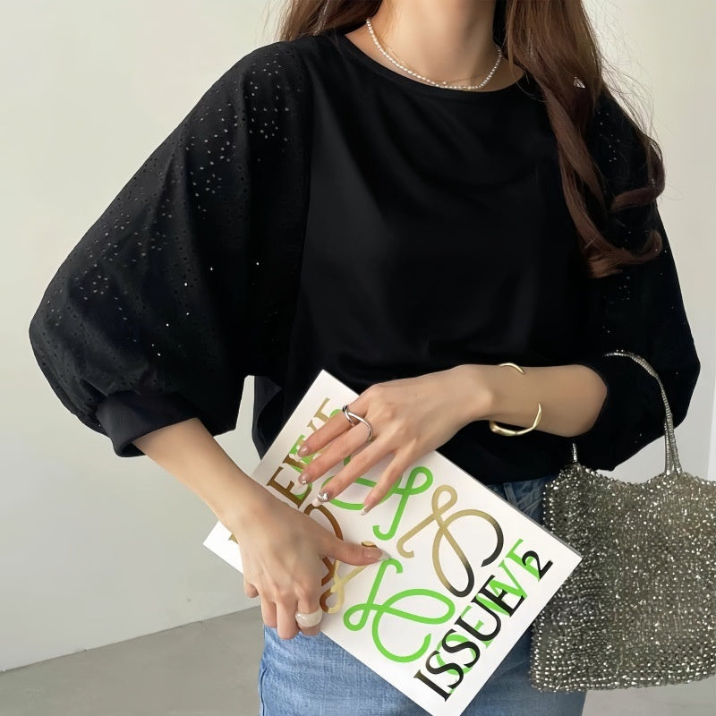 ブラウス トップス Tシャツ レディース 五分袖 レース 切り替え デザイン感 クルーネック