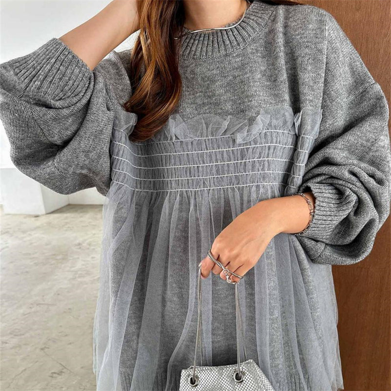 ペプラムプルオーバー ドッキングセーター レース切り替え トップス ペプラム 長袖 フリル