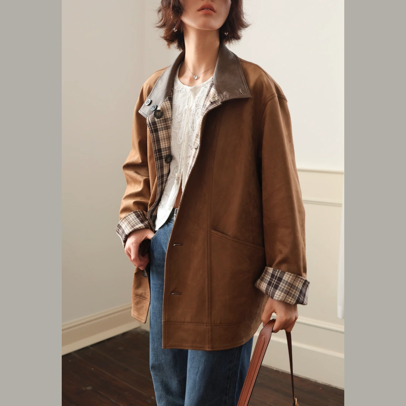 ジャケット 両面着 高級感 コート チェック柄 リバーシブル 立ち襟 皮革風 スエード