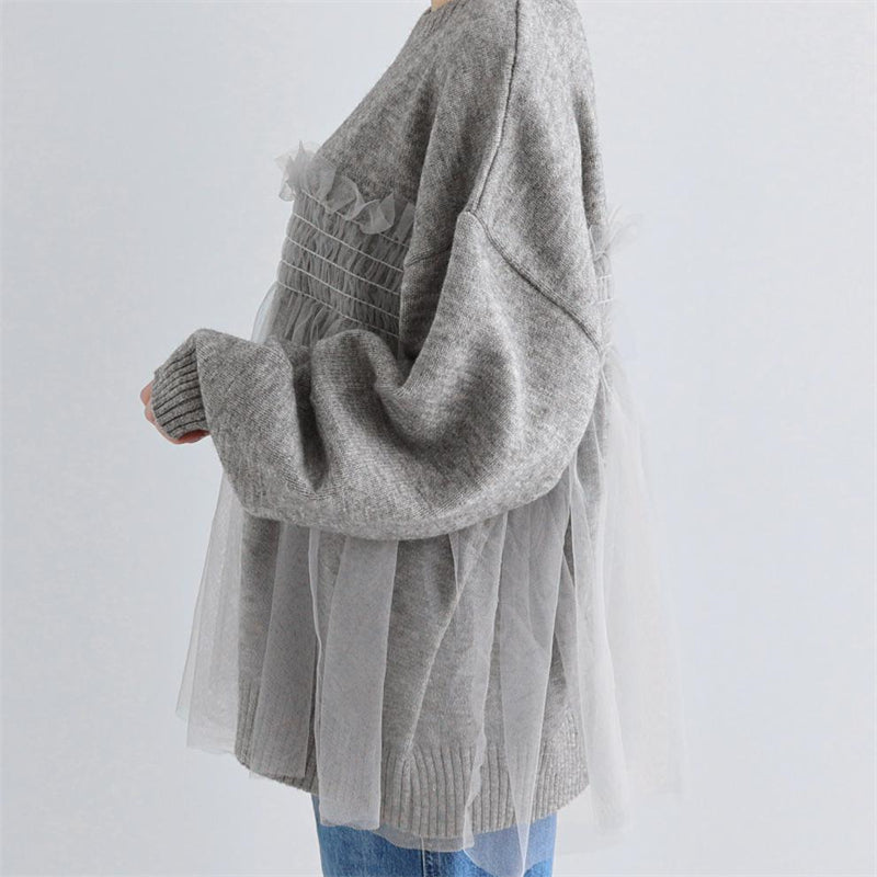 ペプラムプルオーバー ドッキングセーター レース切り替え トップス ペプラム 長袖 フリル