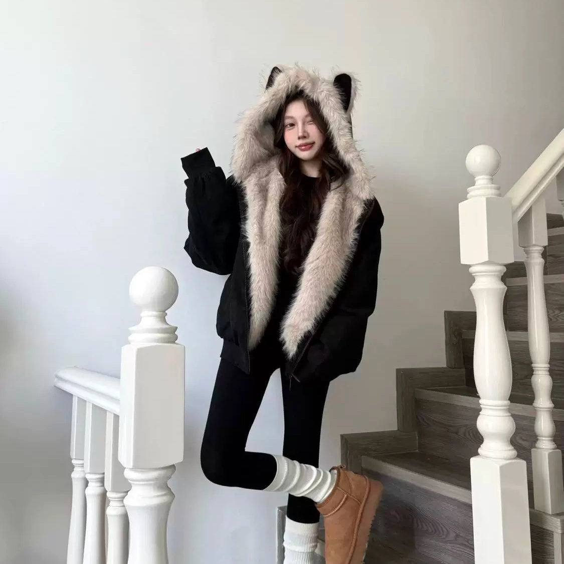 中綿ジャケット レディース 猫耳フード フェイクファー ボリューム襟 防寒アウター