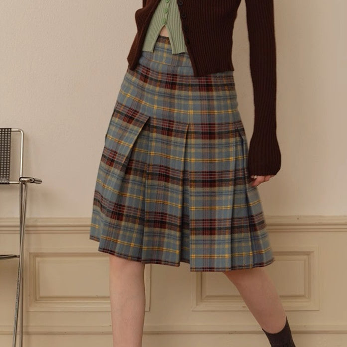 スカート レディース ヴィンテージ チェック柄 プリーツスカート グリーン エレガント