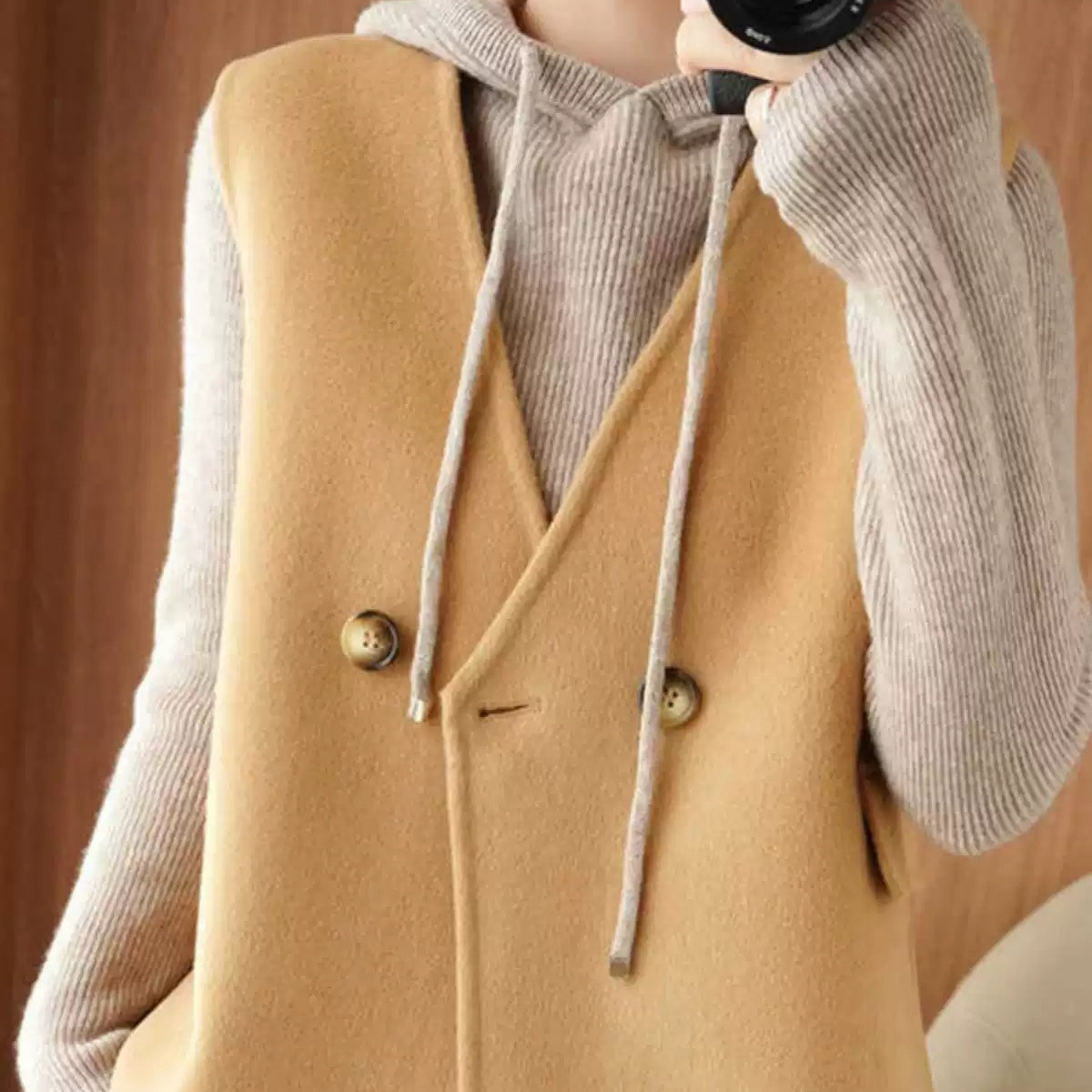 ジレ ベスト ウール レディース ウエストマーク ロングベスト ノーカラー レイヤードコーデ