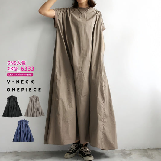 ワンピース レディース ロング丈 Aライン ゆったり 体型カバー ハイウエスト シンプル 無地