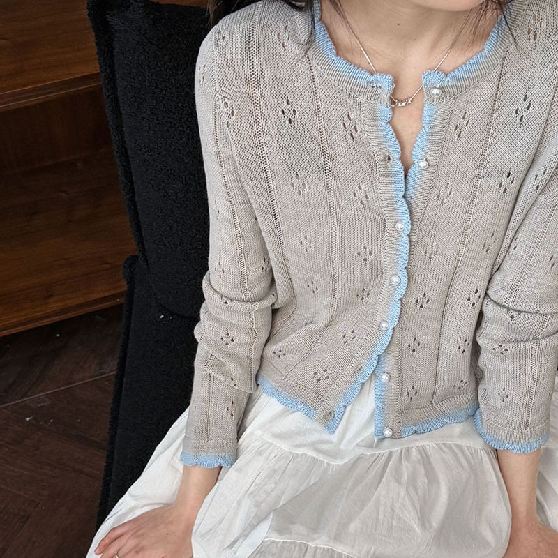 ニットカーディガン メッシュニット 透かし編みゆったりニット 配色ニット トップス