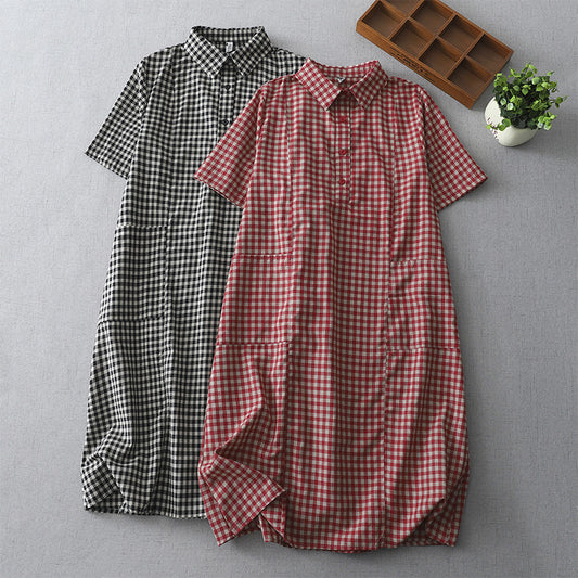 シャツワンピース ワンピース レディース 夏 チェック柄 スレンダーライン コットンワンピ