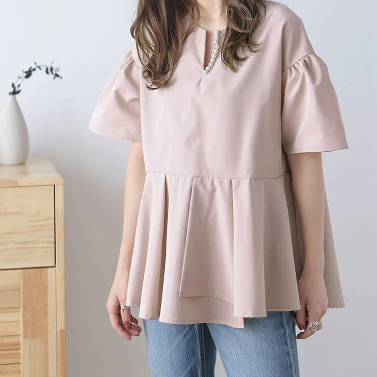 パフスリーブ ブラウス バルーンスリーブ シャツ 半袖 ストライプシャツ トップス