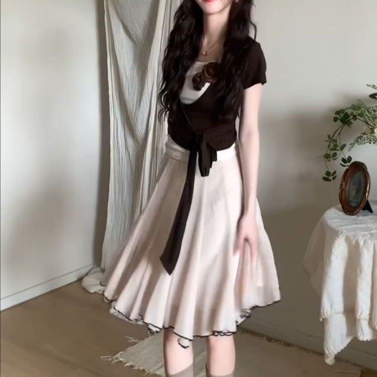 セットアップ レディース 夏服 2点セット トップス スカート 半袖 ニット プリーツ