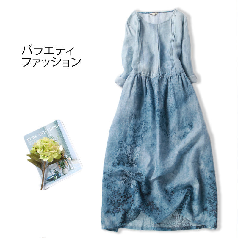 リネンワンピース 麻ワンピース 苧麻ワンピース 花柄ワンピース 七分袖