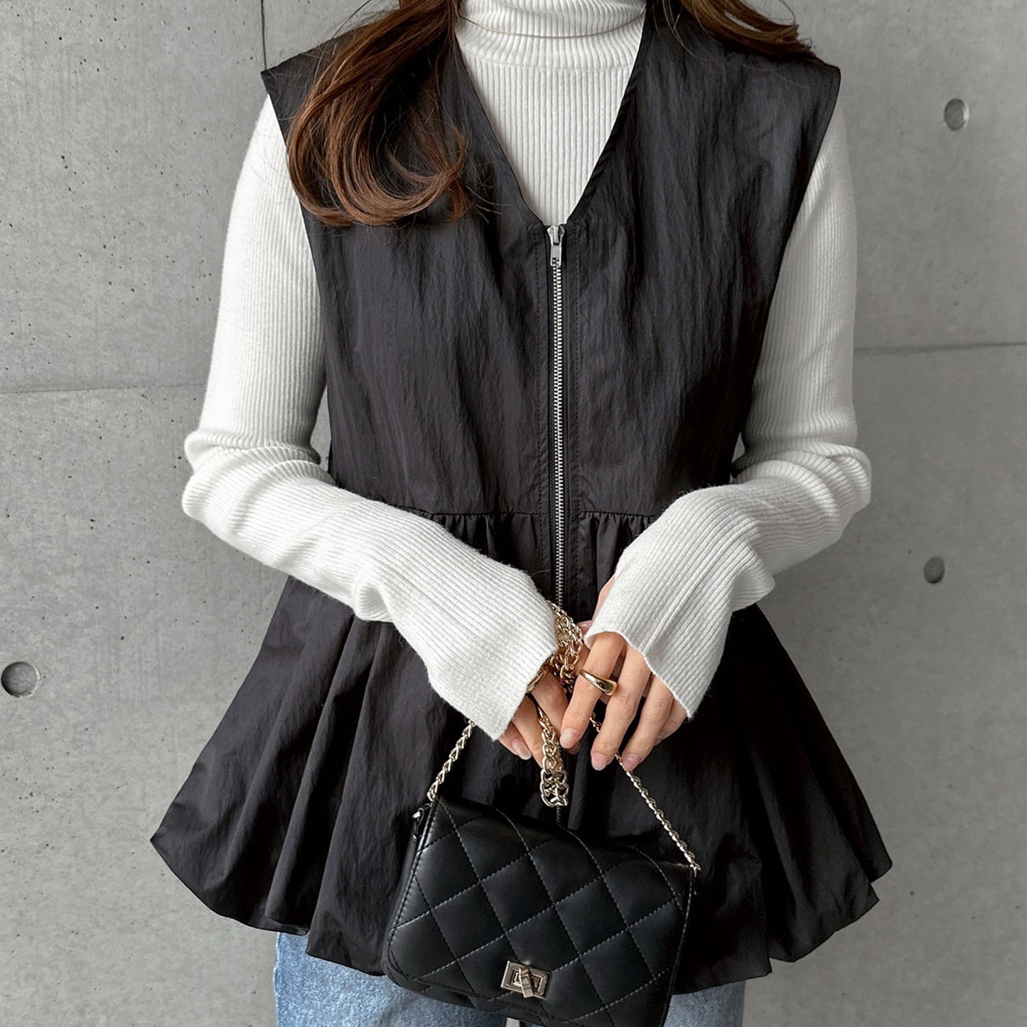 ノースリーブ ベスト レディース ラウンドネック トップス ジッパー デザイン フリル