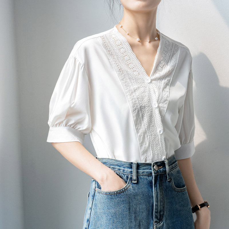 レディース シャツ ブラウス 夏 新作 高見え 上品 デザイン フリル Vネック