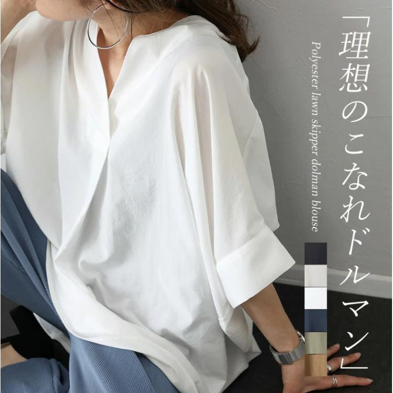 レディース シャツ ブラウス 無地 Vネック プルオーバー ゆったり 体型カバー カジュアル