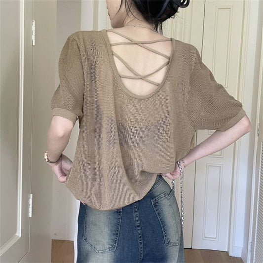 Tシャツ レディース バッククロス トップス 夏 涼感 半袖 クルーネック ゆったり